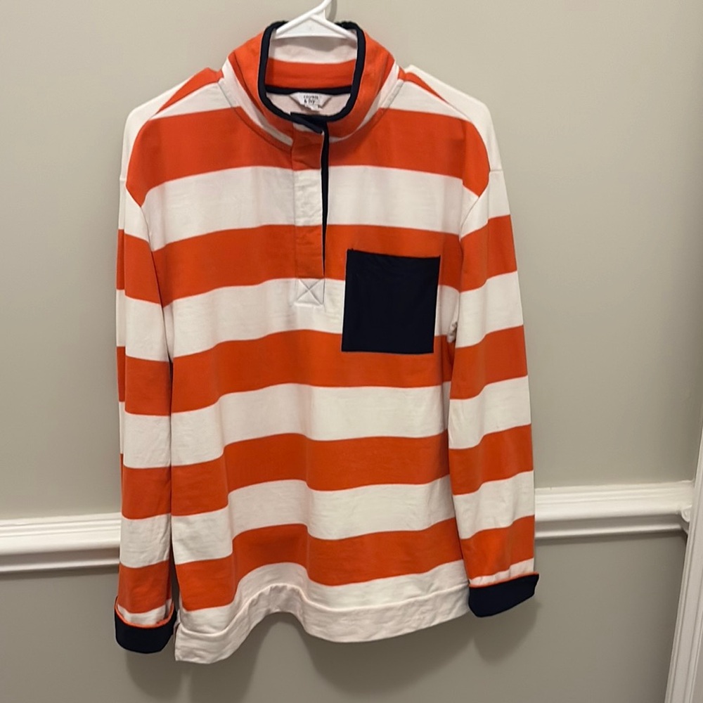 Crown & Ivy Orange and White Striped Pullover with Pocket. Size Small.